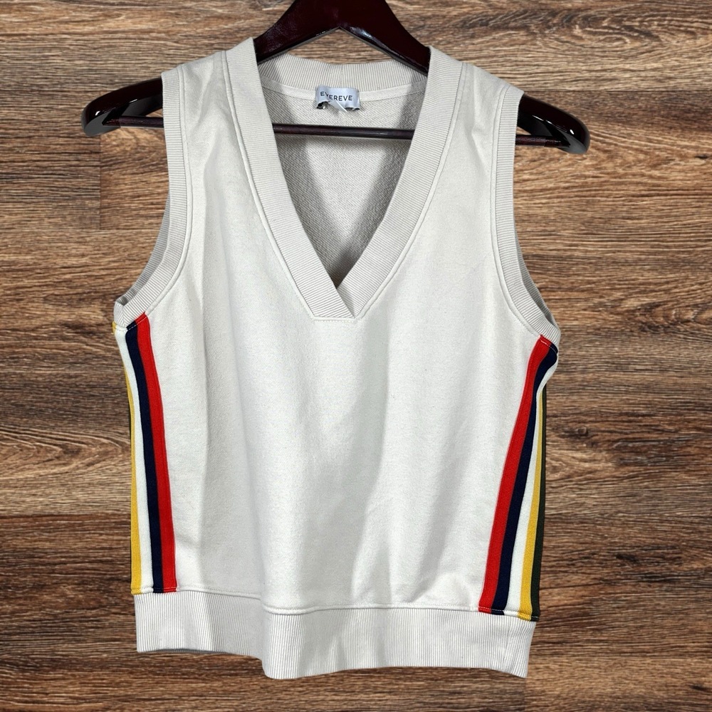 Evereve Retro Striped Sleeveless Top Size S Ivory Terry Cloth V-neck Sweatshirt